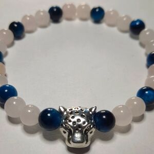 ✨🌹🐅 Rose Quartz and Blue Tiger Eye Bracelet with Jaguar Accent Bead 🐅🌹✨: